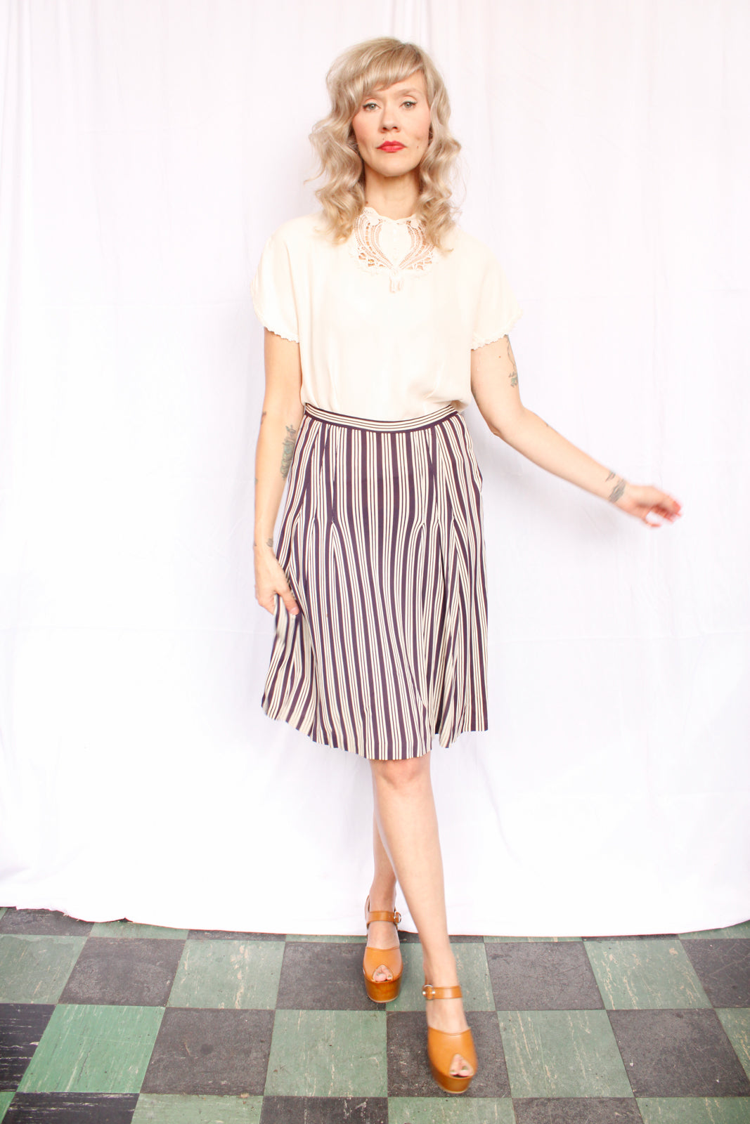 1930s Nylon Jersey Navy & Cream Striped Skirt - Medium
