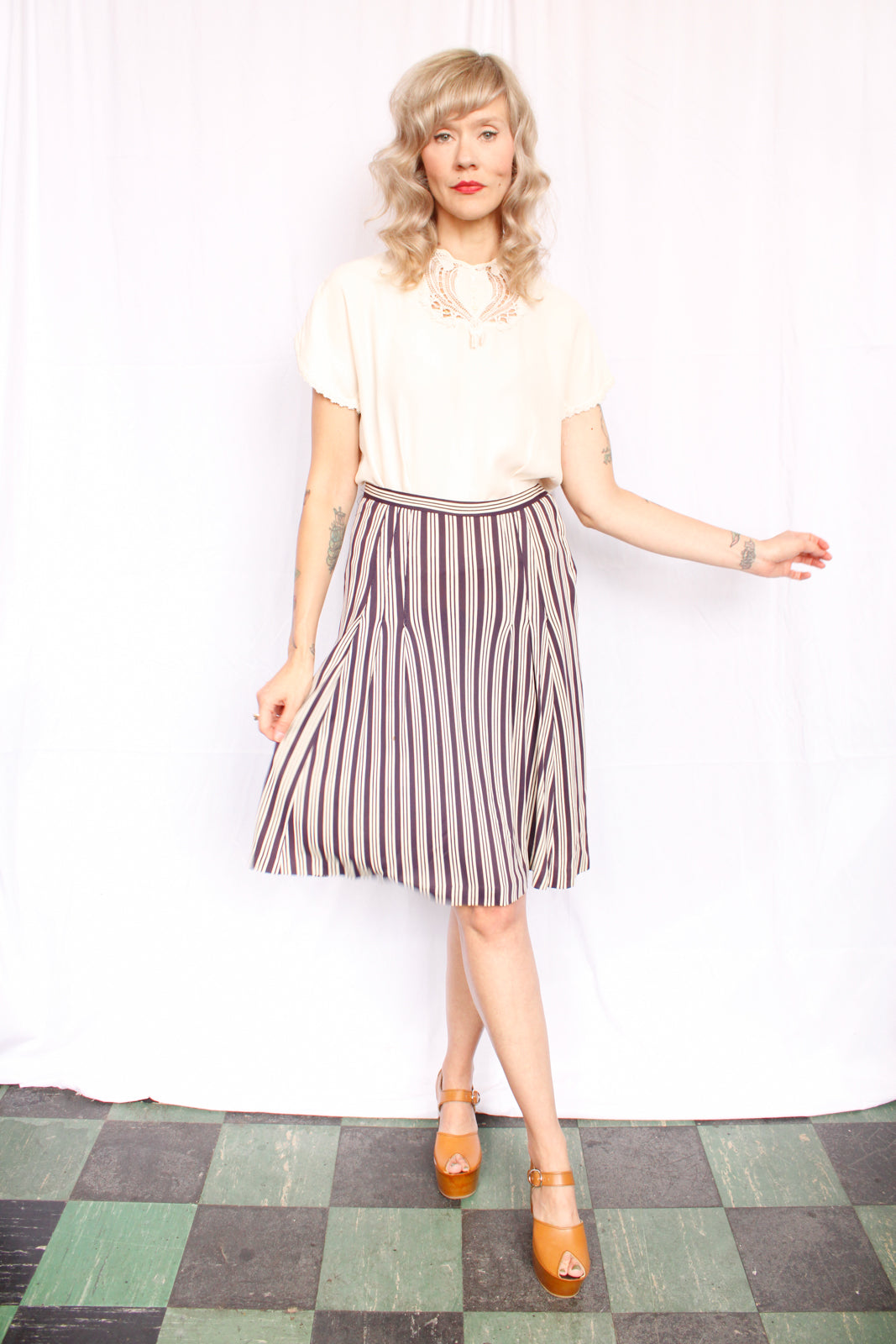 1930s Nylon Jersey Navy & Cream Striped Skirt - Medium