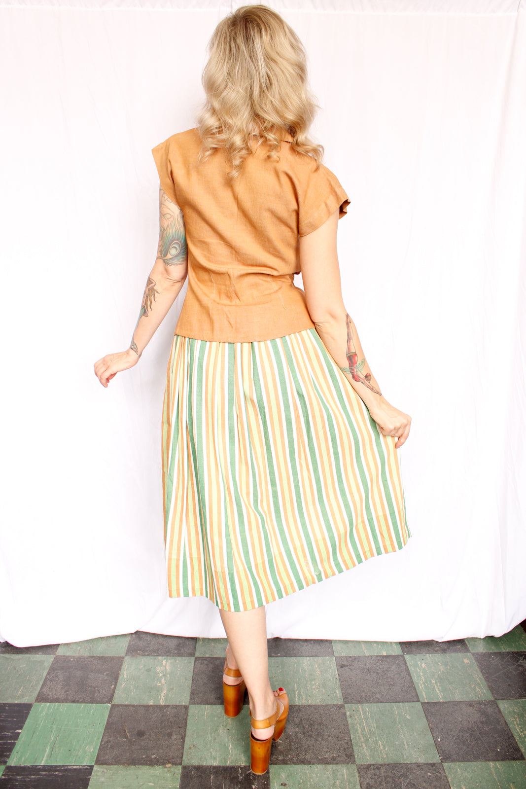 1940s Summer Blouse & Striped Skirt Set - Xsmall