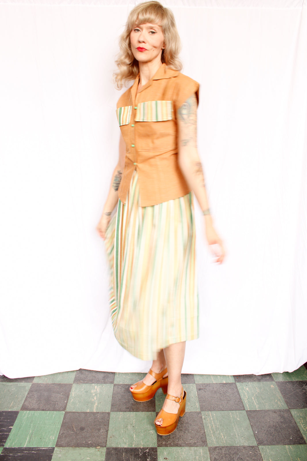 1940s Summer Blouse & Striped Skirt Set - Xsmall