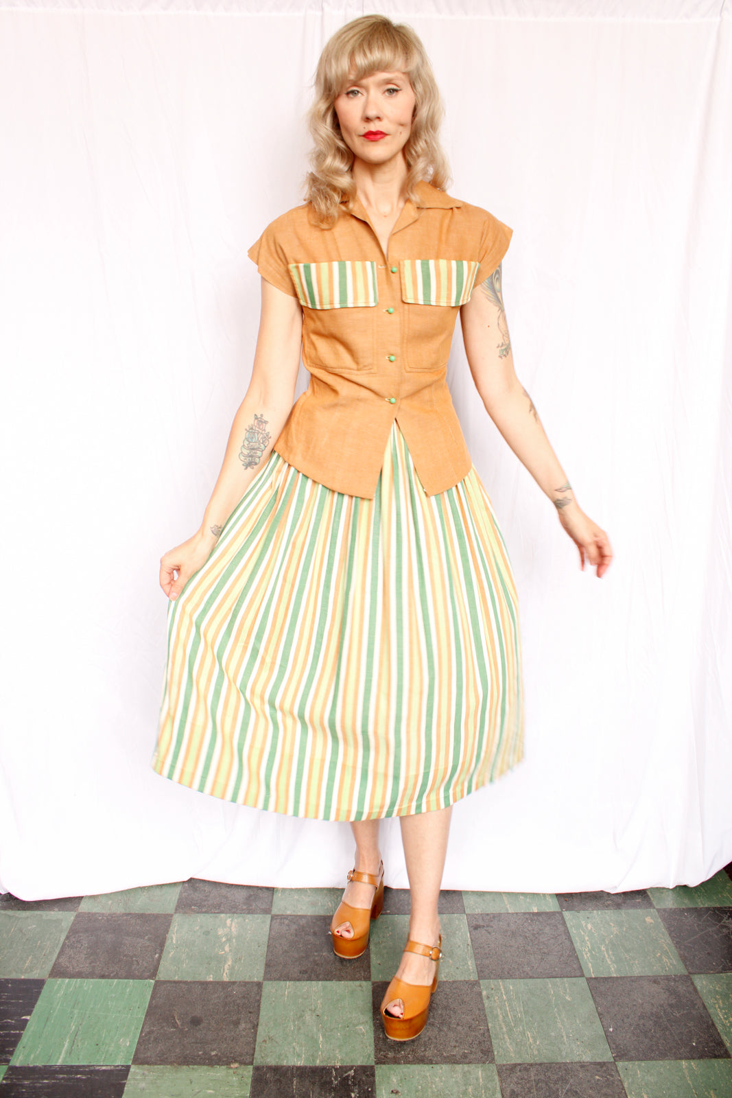 1940s Summer Blouse & Striped Skirt Set - Xsmall