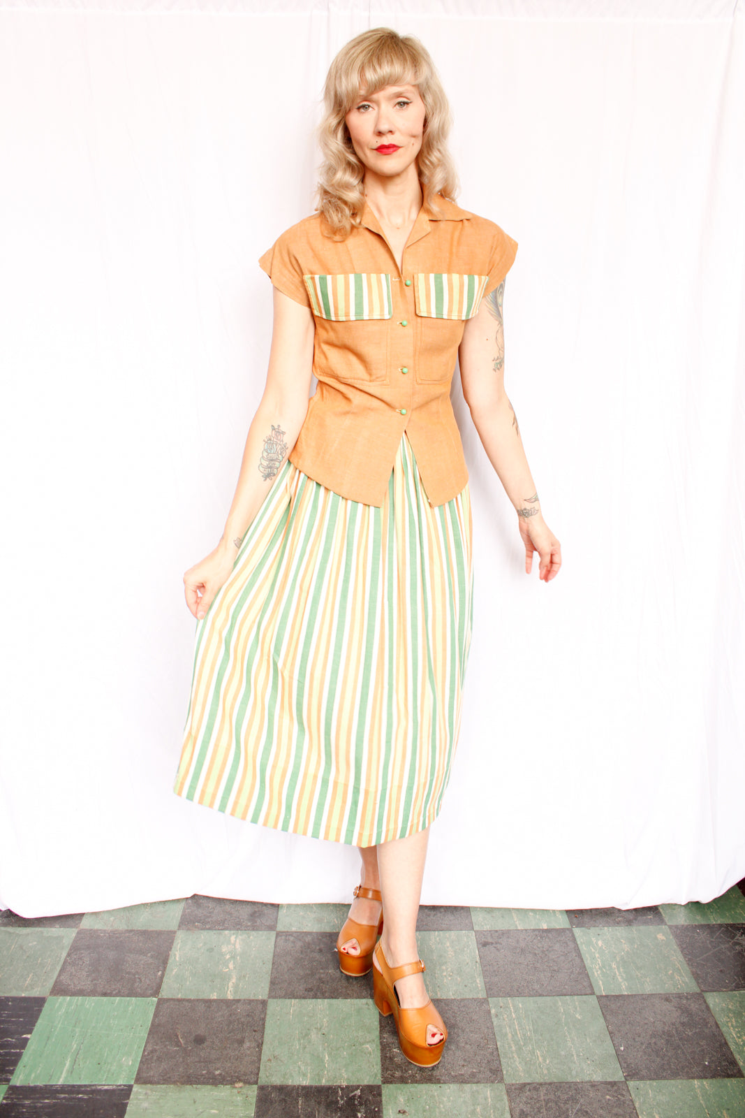 1940s Summer Blouse & Striped Skirt Set - Xsmall