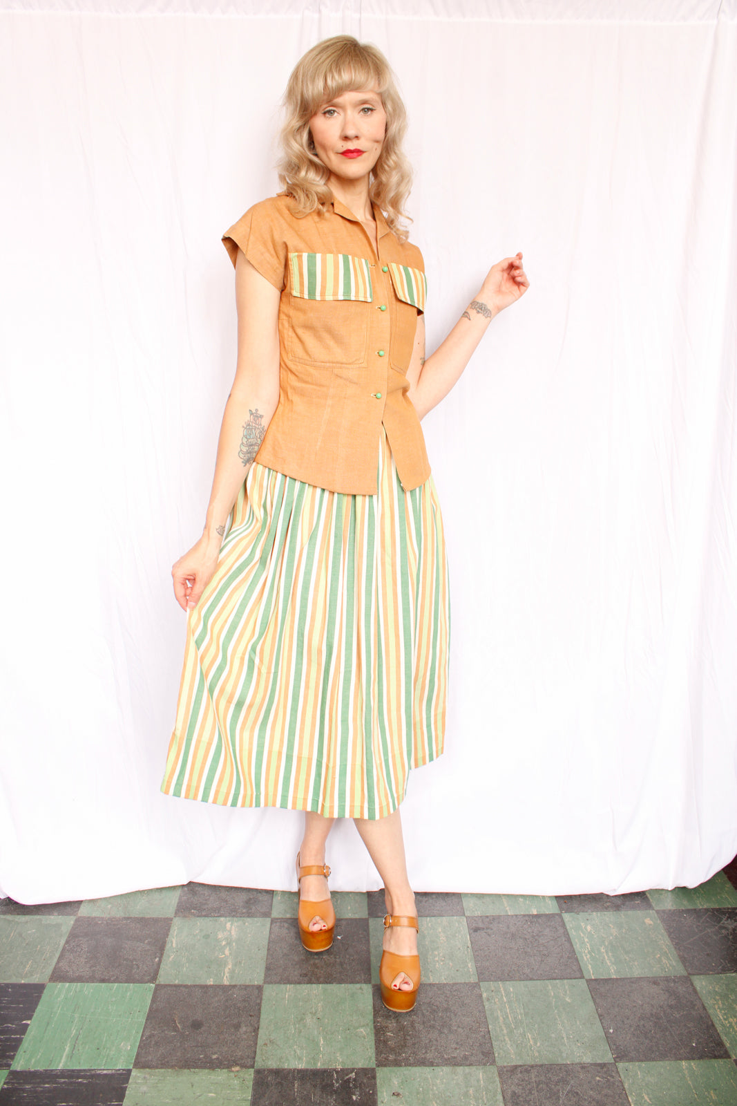 1940s Summer Blouse & Striped Skirt Set - Xsmall