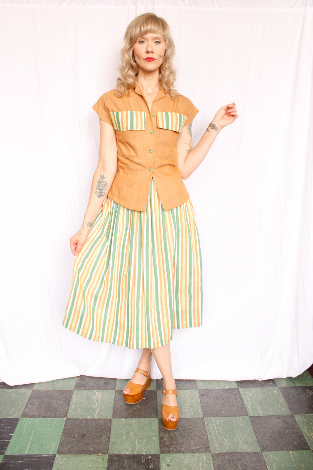 1940s Summer Blouse & Striped Skirt Set - Xsmall