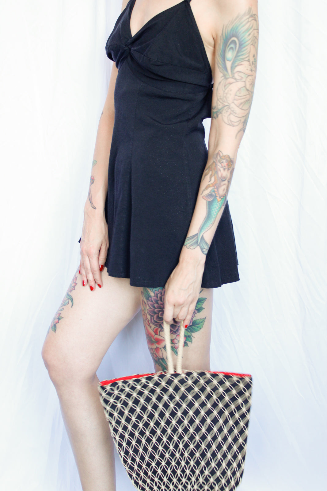 1950s Black & Red Cotton Woven Straw Summer Handbag