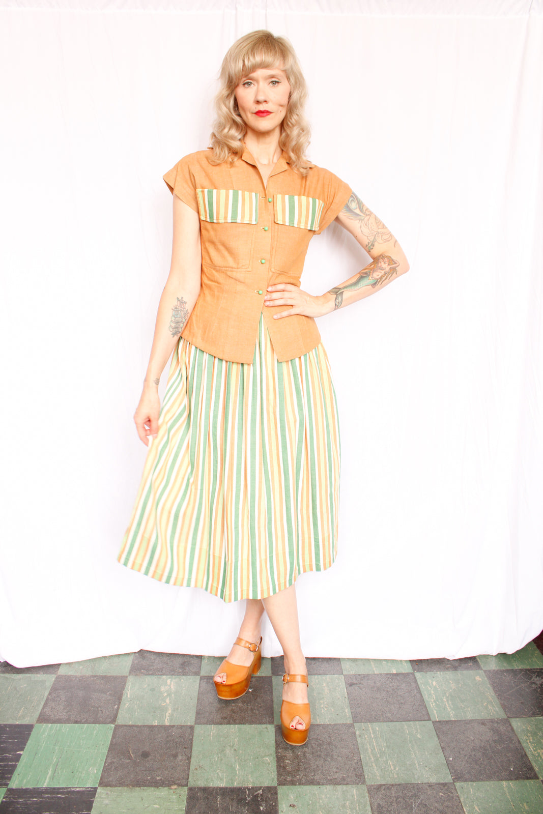 1940s Summer Blouse & Striped Skirt Set - Xsmall