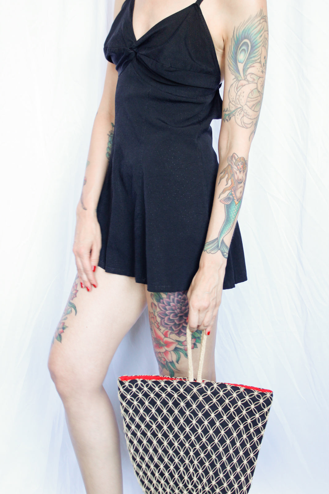 1950s Black & Red Cotton Woven Straw Summer Handbag