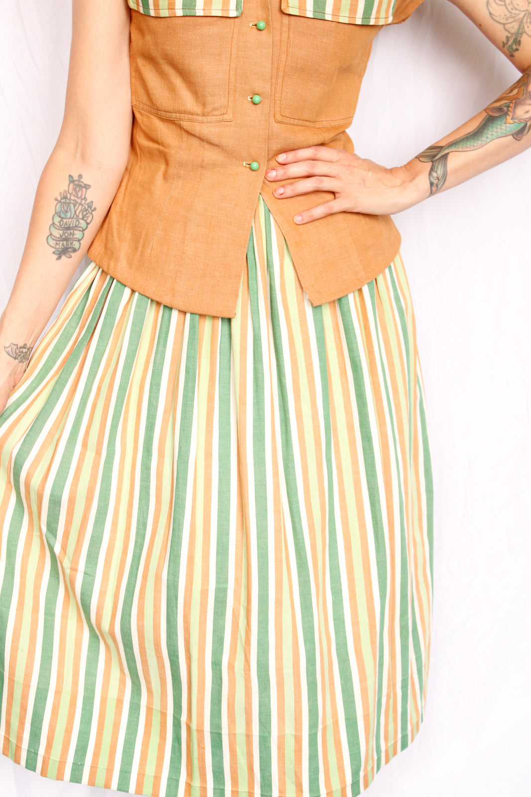 1940s Summer Blouse & Striped Skirt Set - Xsmall