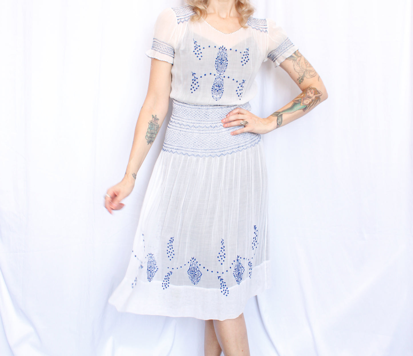 1930s Hungarian Blue Embroidered Cotton Voile Dress - Xs/S