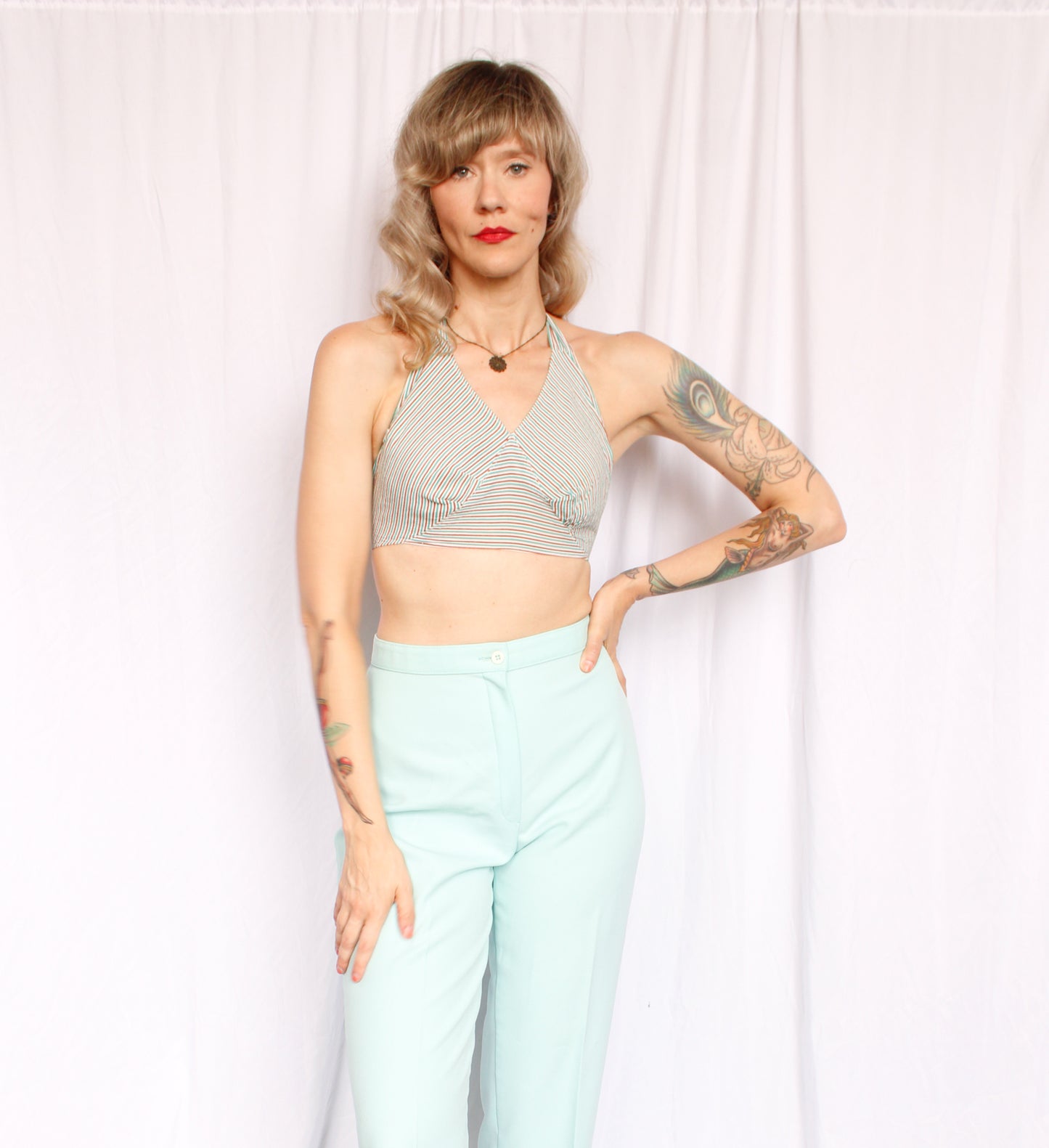 1940s Seersucker Striped Sun Halter Top - S/M