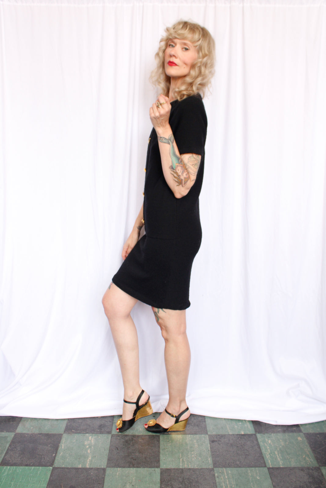 1990s Steve Fabrikant for Neiman Marcus Black Knit Pasta Button Dress - Medium