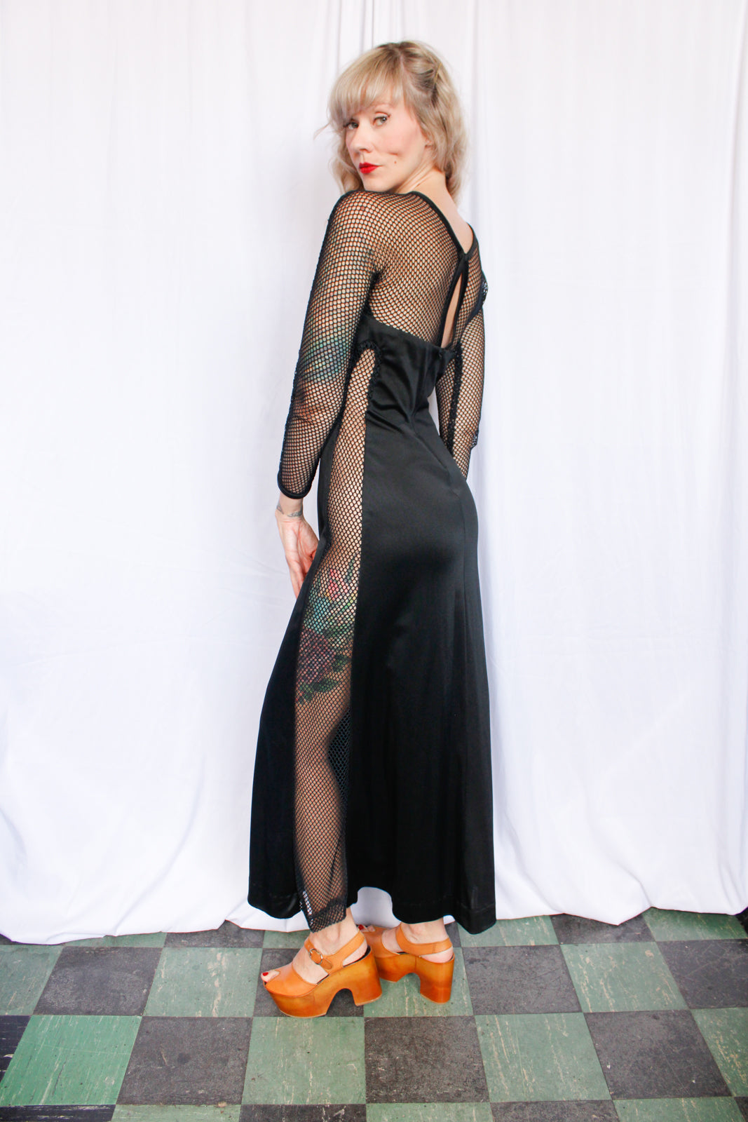 1970s Slinky Sexy Fishnet Maxi Dress - Small