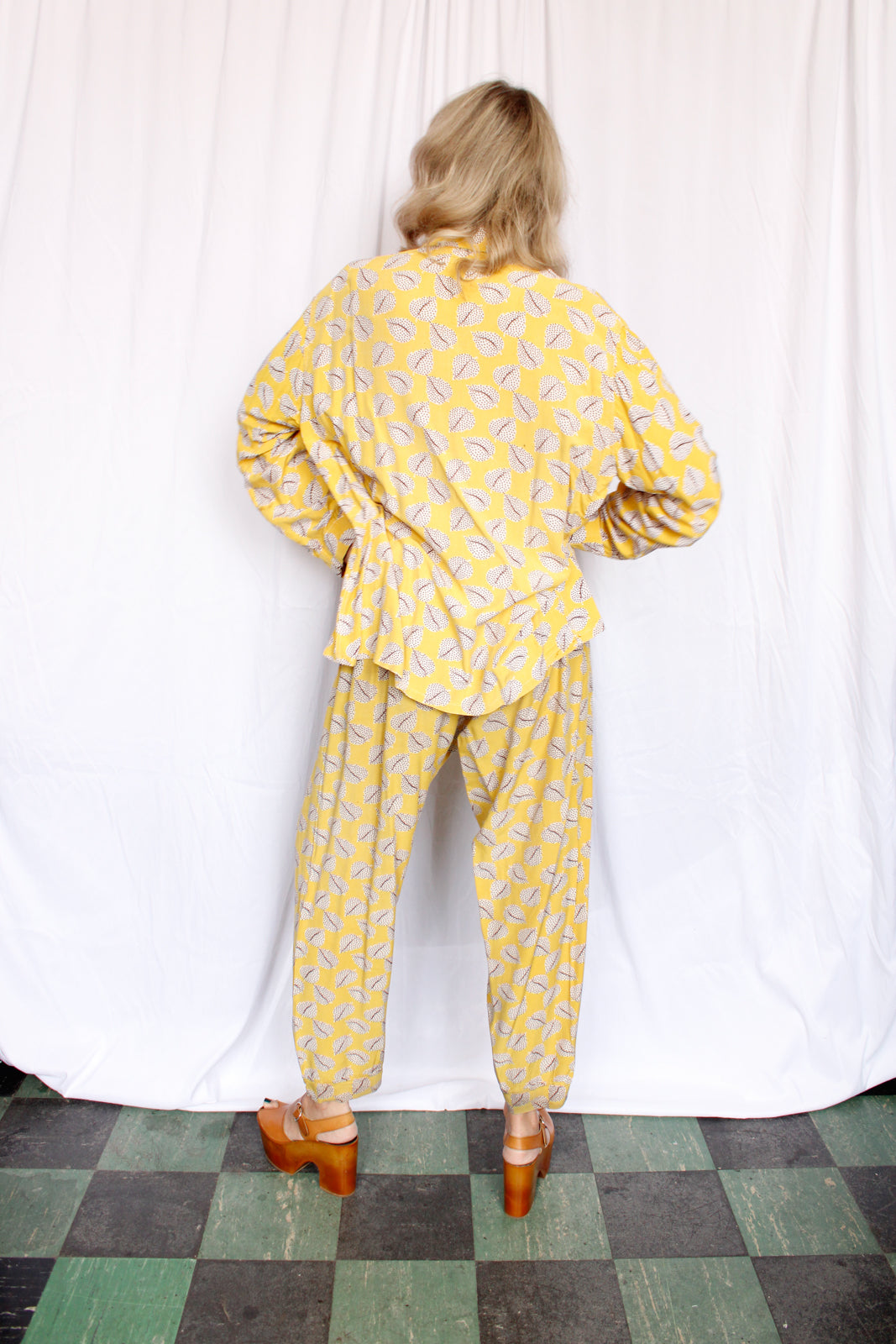 1940s Rayon Welden Leaf Print Shirt & Pant Pajamas - XXL