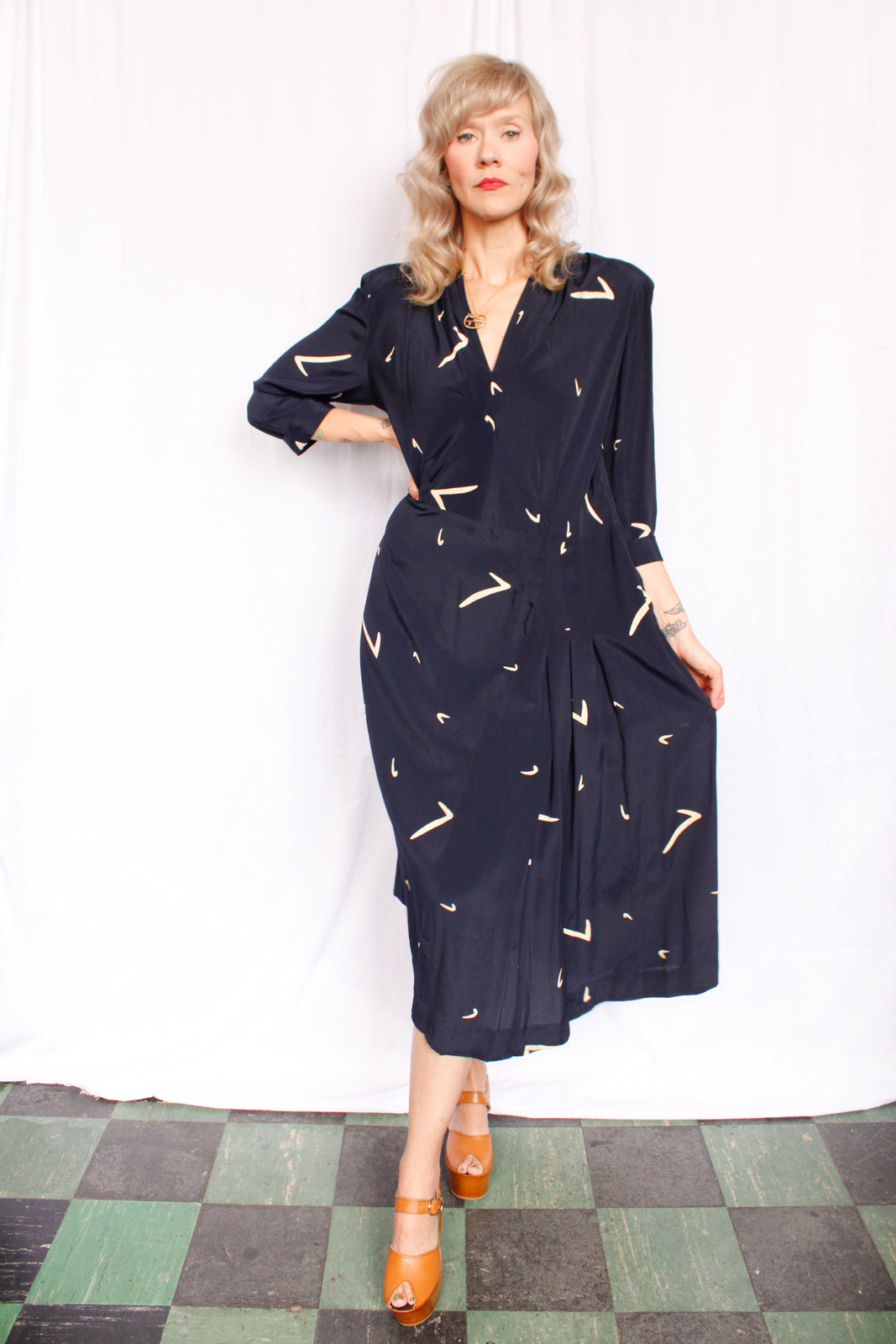 1940s Boomerang Printed Rayon Dress - Large