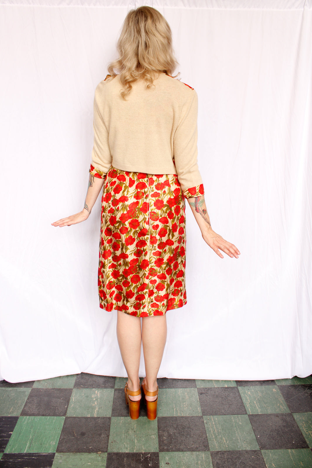 1950s Silk Poppy Dress & Cashmere Cardigan - Medium