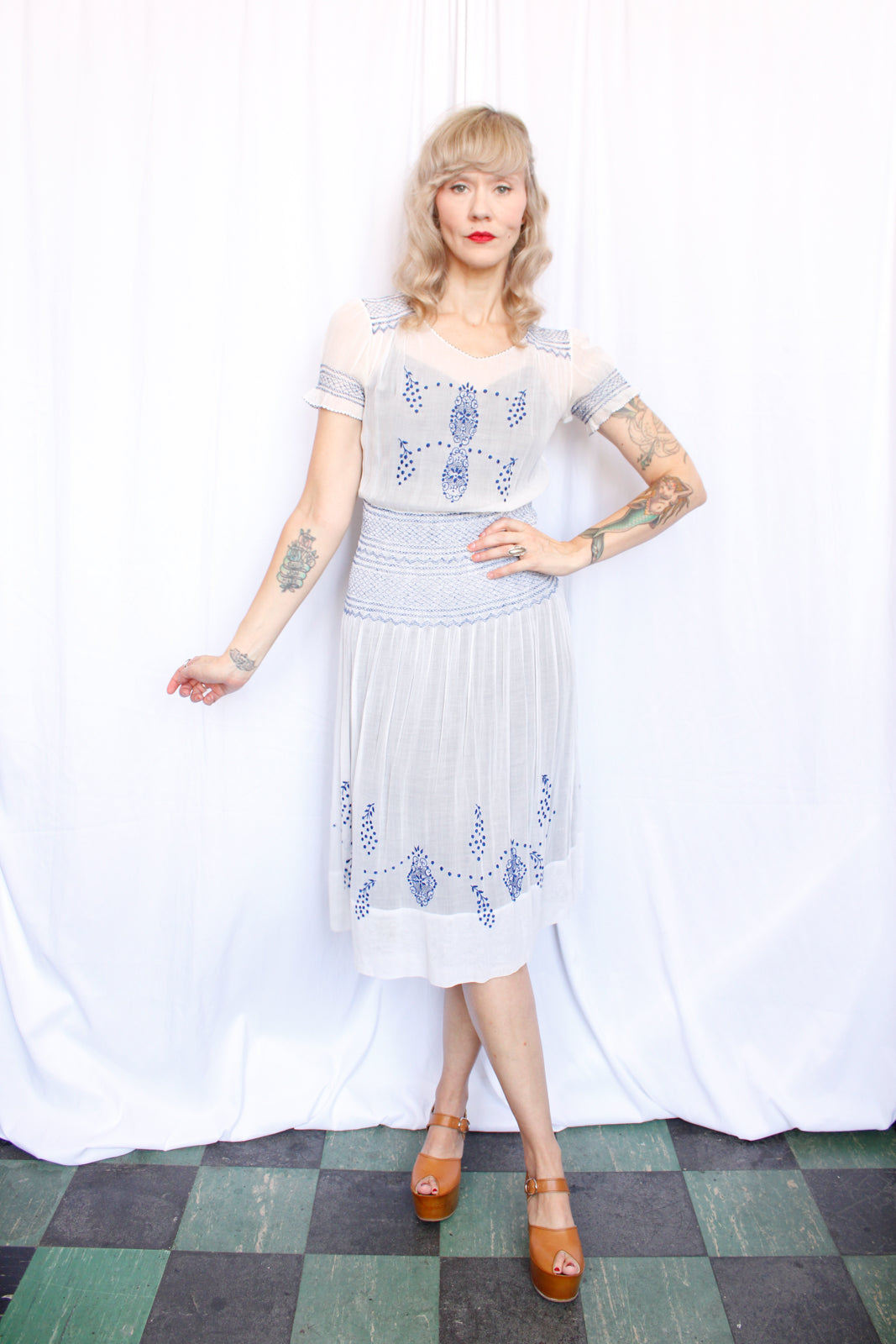 1930s Hungarian Blue Embroidered Cotton Voile Dress - Xs/S