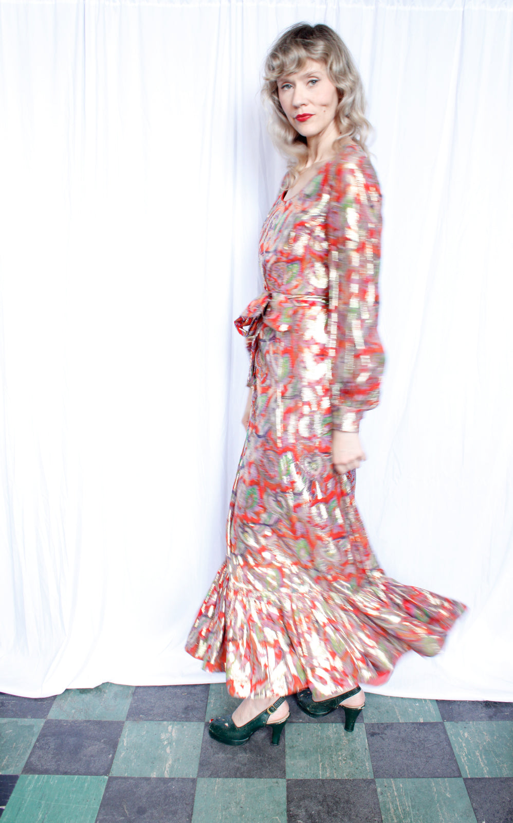 1970s Gold & Red Metallic Maxi Dress with Ruffle Hem - Medium