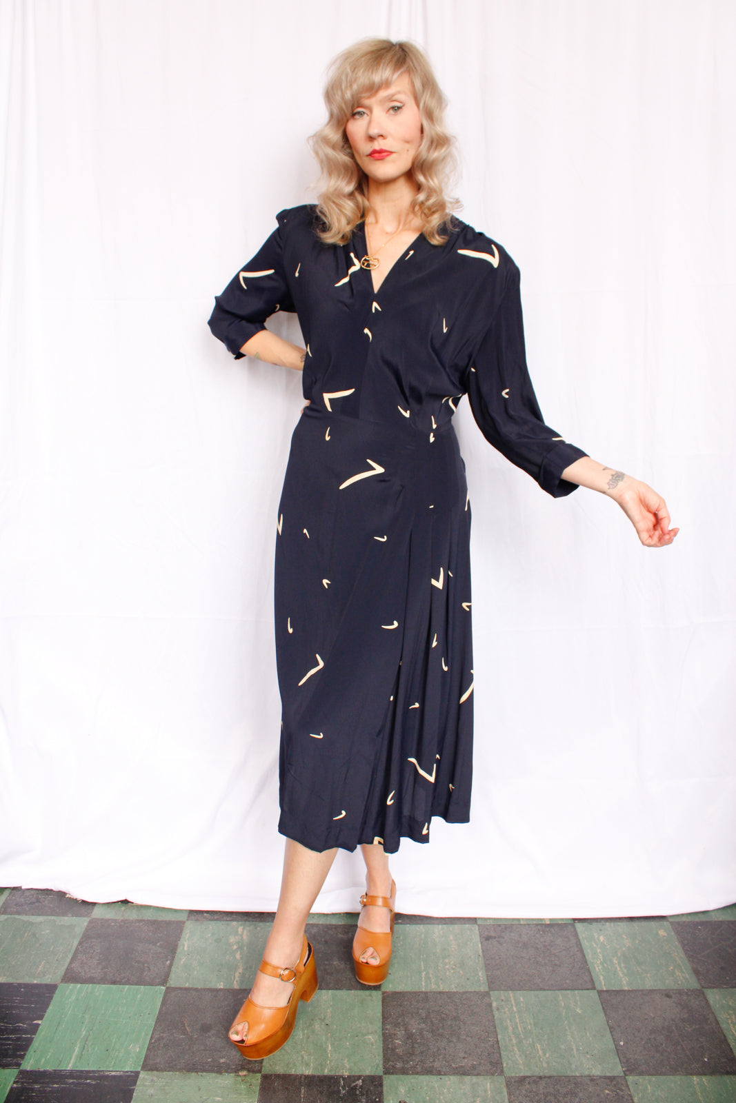 1940s Boomerang Printed Rayon Dress - Large