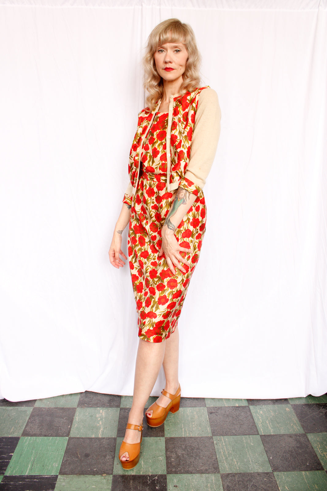 1950s Silk Poppy Dress & Cashmere Cardigan - Medium