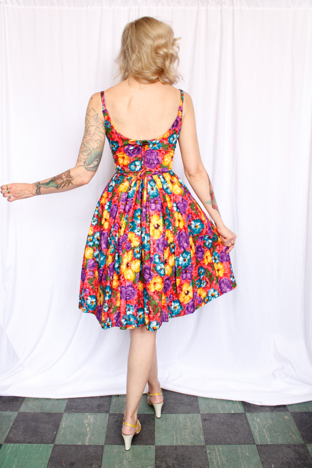 1950s Bold Floral Cotton Party Dress - Xsmall