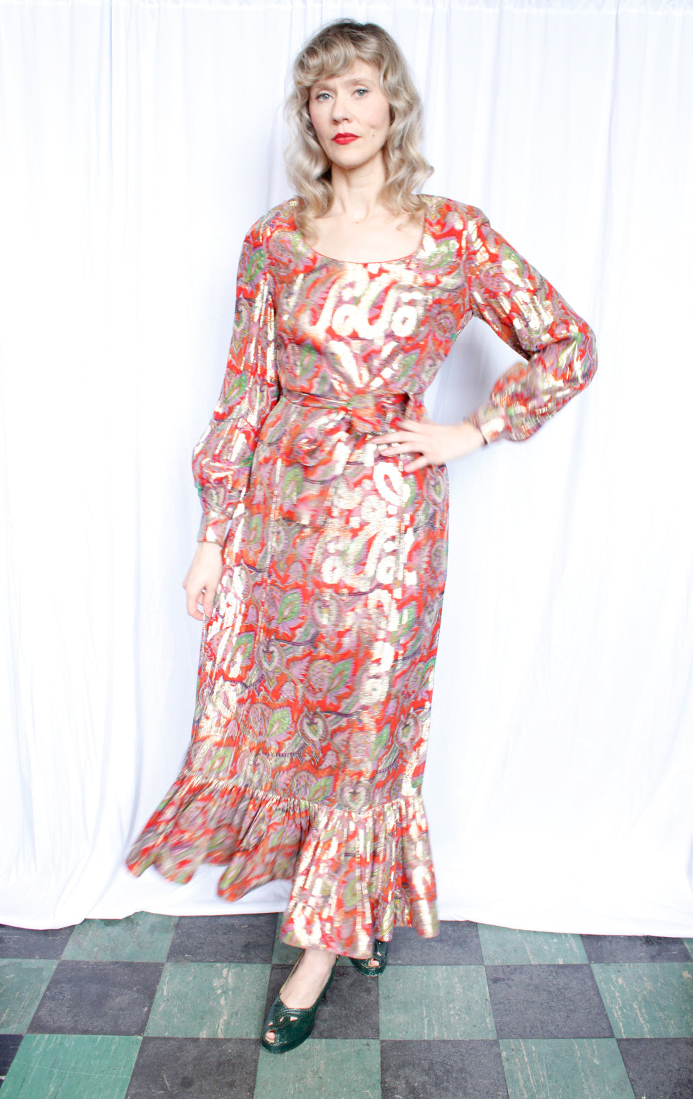 1970s Gold & Red Metallic Maxi Dress with Ruffle Hem - Medium