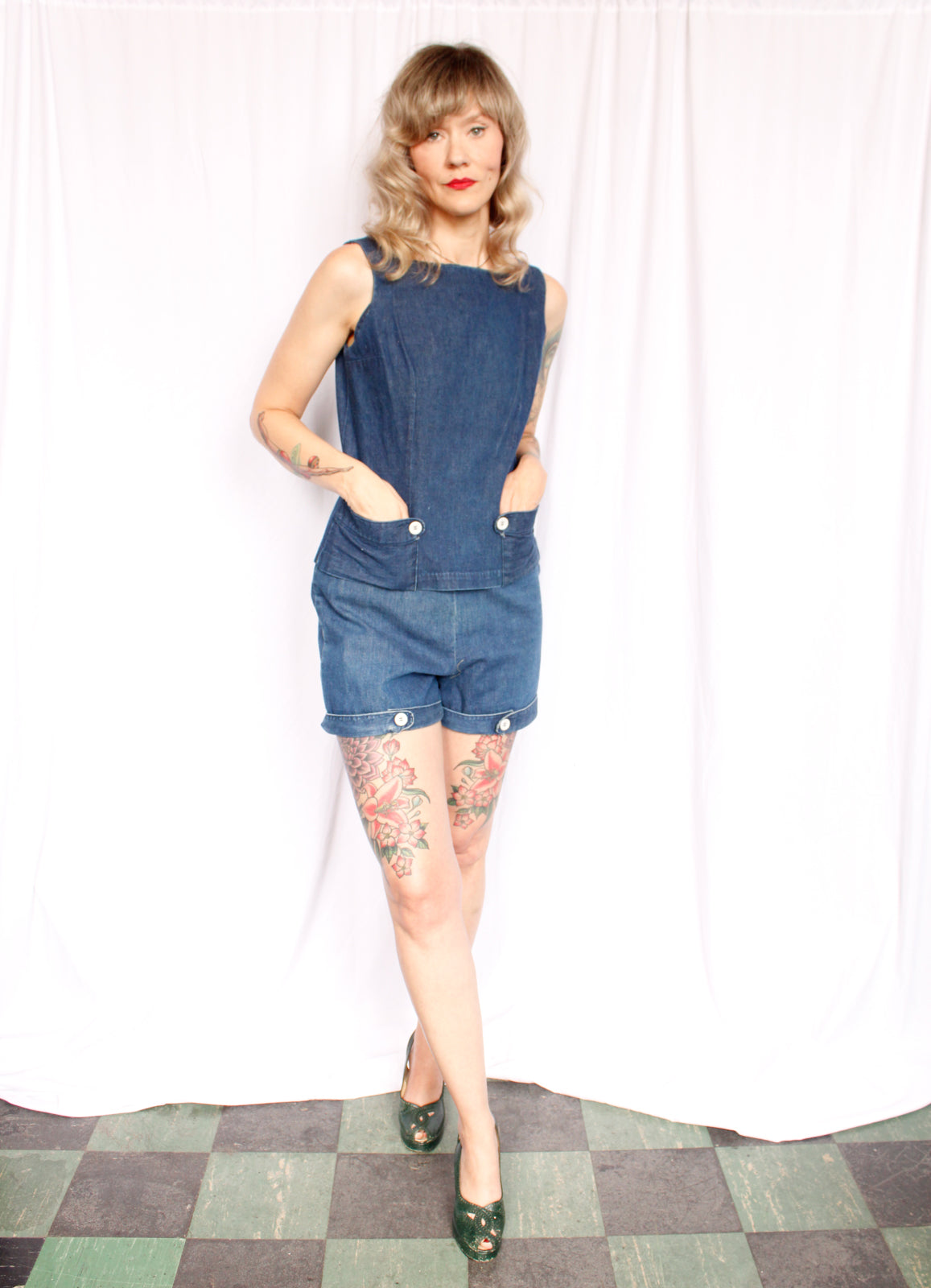 1950s Denim 2pc Shirt & Short Set - Medium