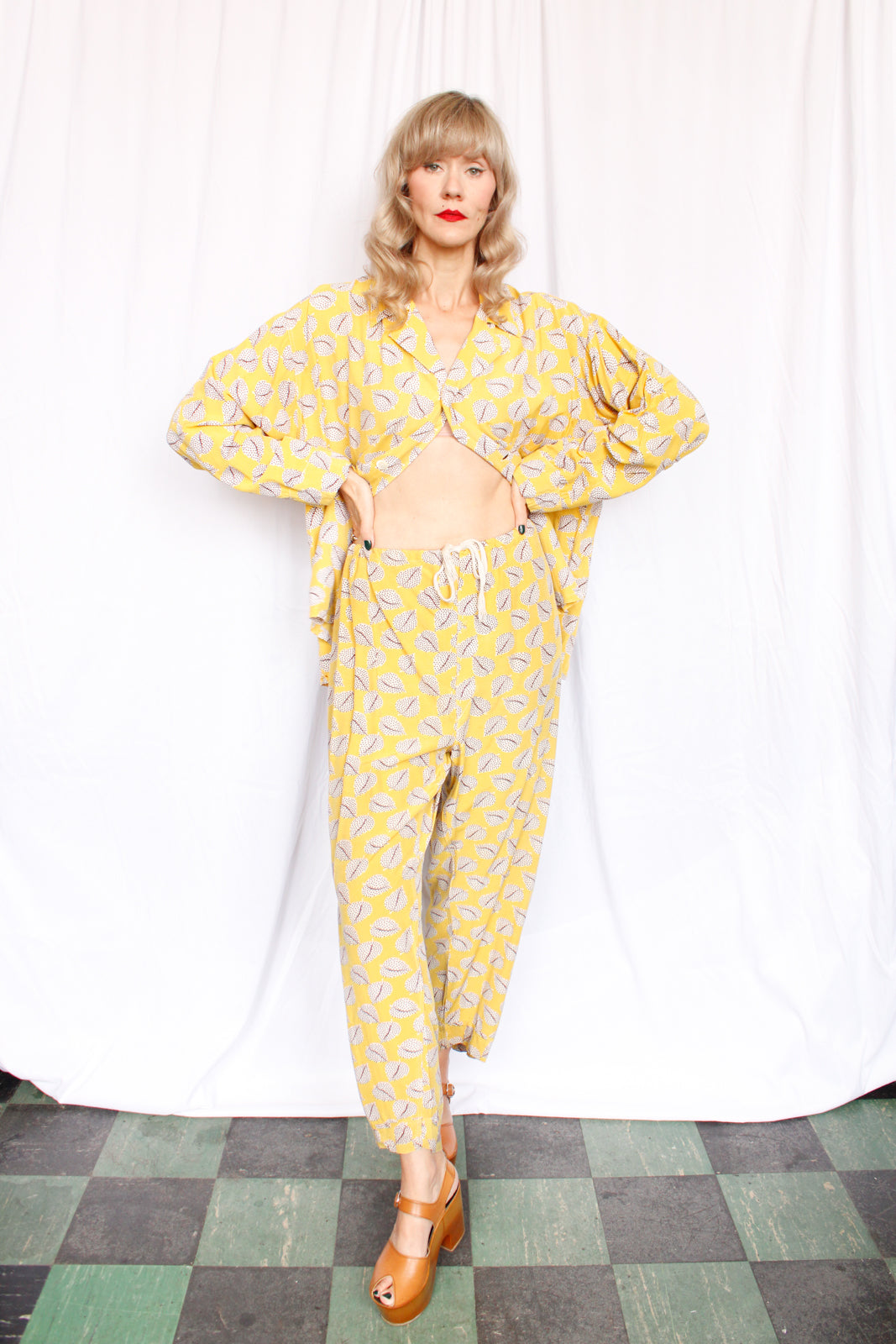 1940s Rayon Welden Leaf Print Shirt & Pant Pajamas - XXL
