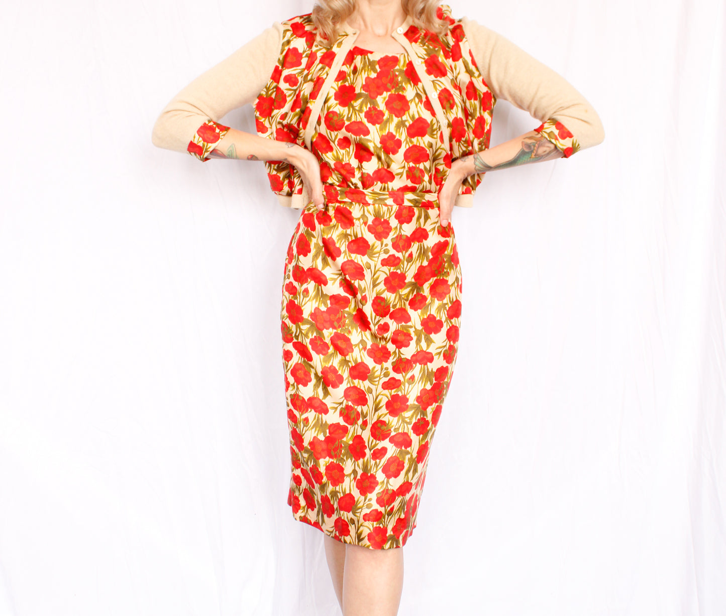 1950s Silk Poppy Dress & Cashmere Cardigan - Medium