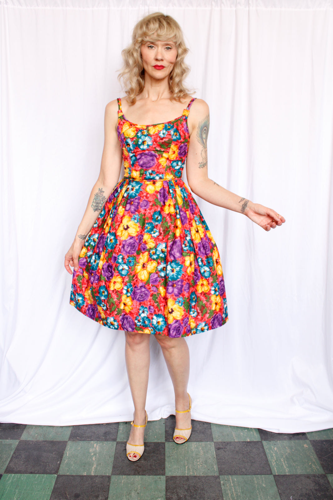 1950s Bold Floral Cotton Party Dress - Xsmall