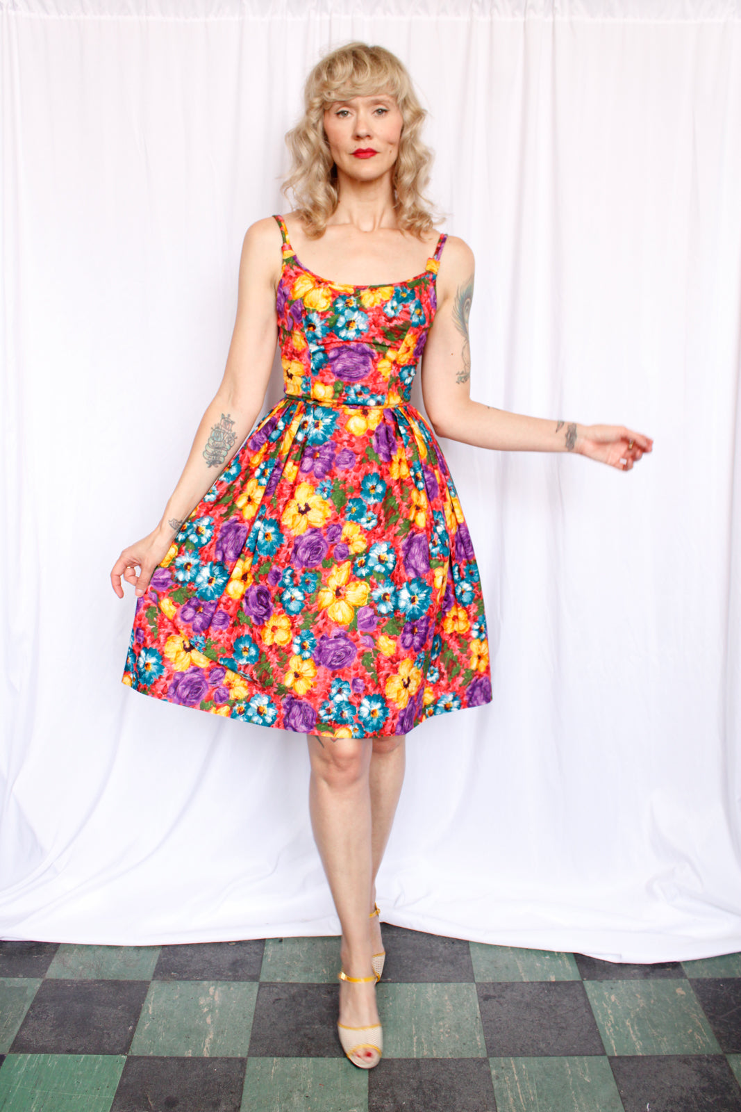 1950s Bold Floral Cotton Party Dress - Xsmall