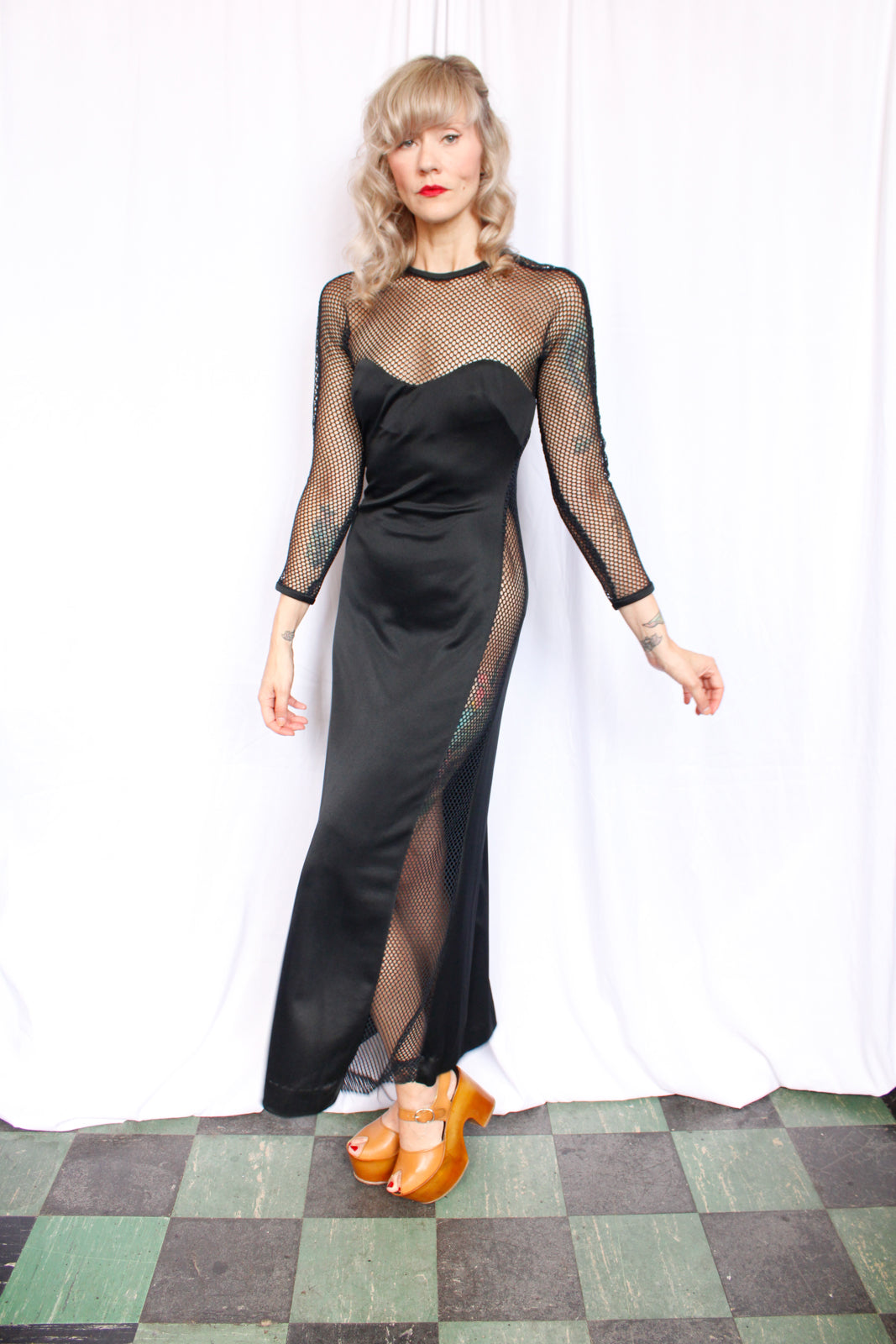 1970s Slinky Sexy Fishnet Maxi Dress - Small