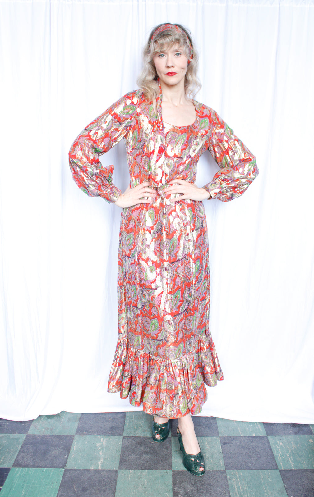 1970s Gold & Red Metallic Maxi Dress with Ruffle Hem - Medium