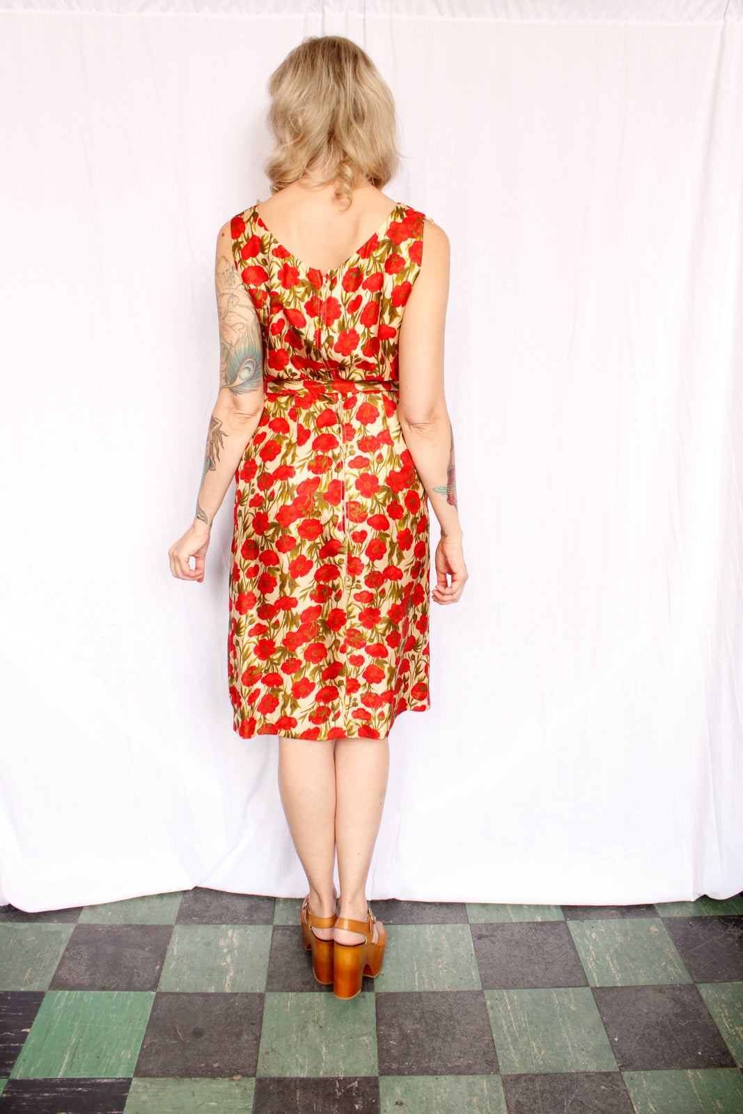 1950s Silk Poppy Dress & Cashmere Cardigan - Medium