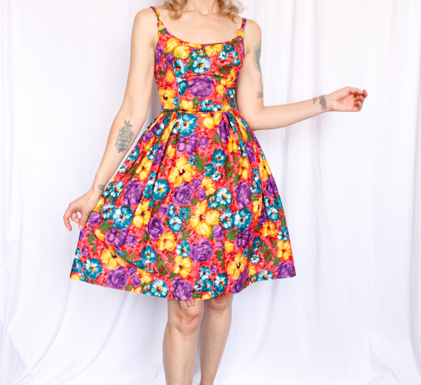 1950s Bold Floral Cotton Party Dress - Xsmall