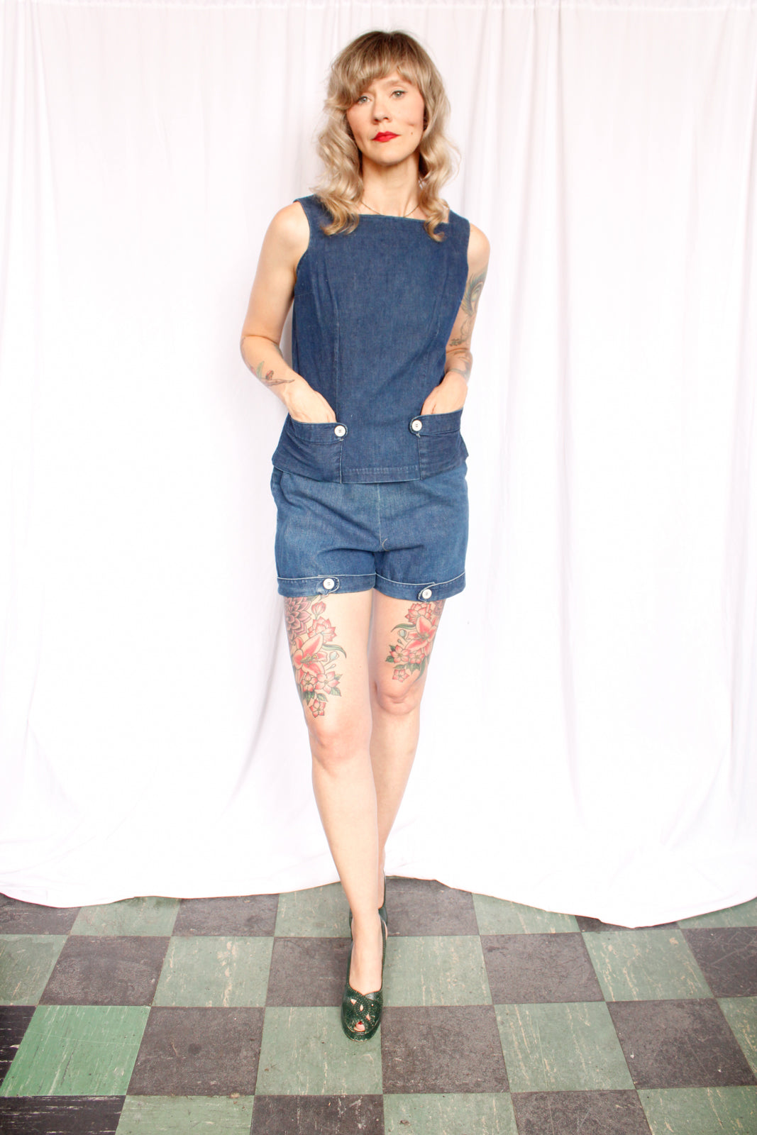 1950s Denim 2pc Shirt & Short Set - Medium
