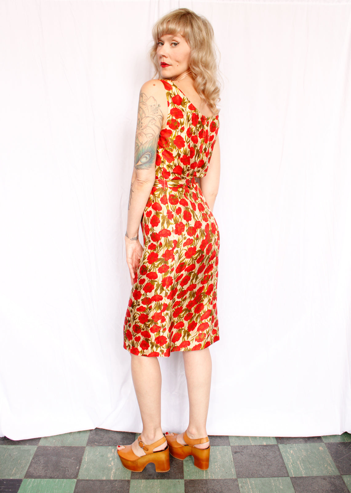 1950s Silk Poppy Dress & Cashmere Cardigan - Medium