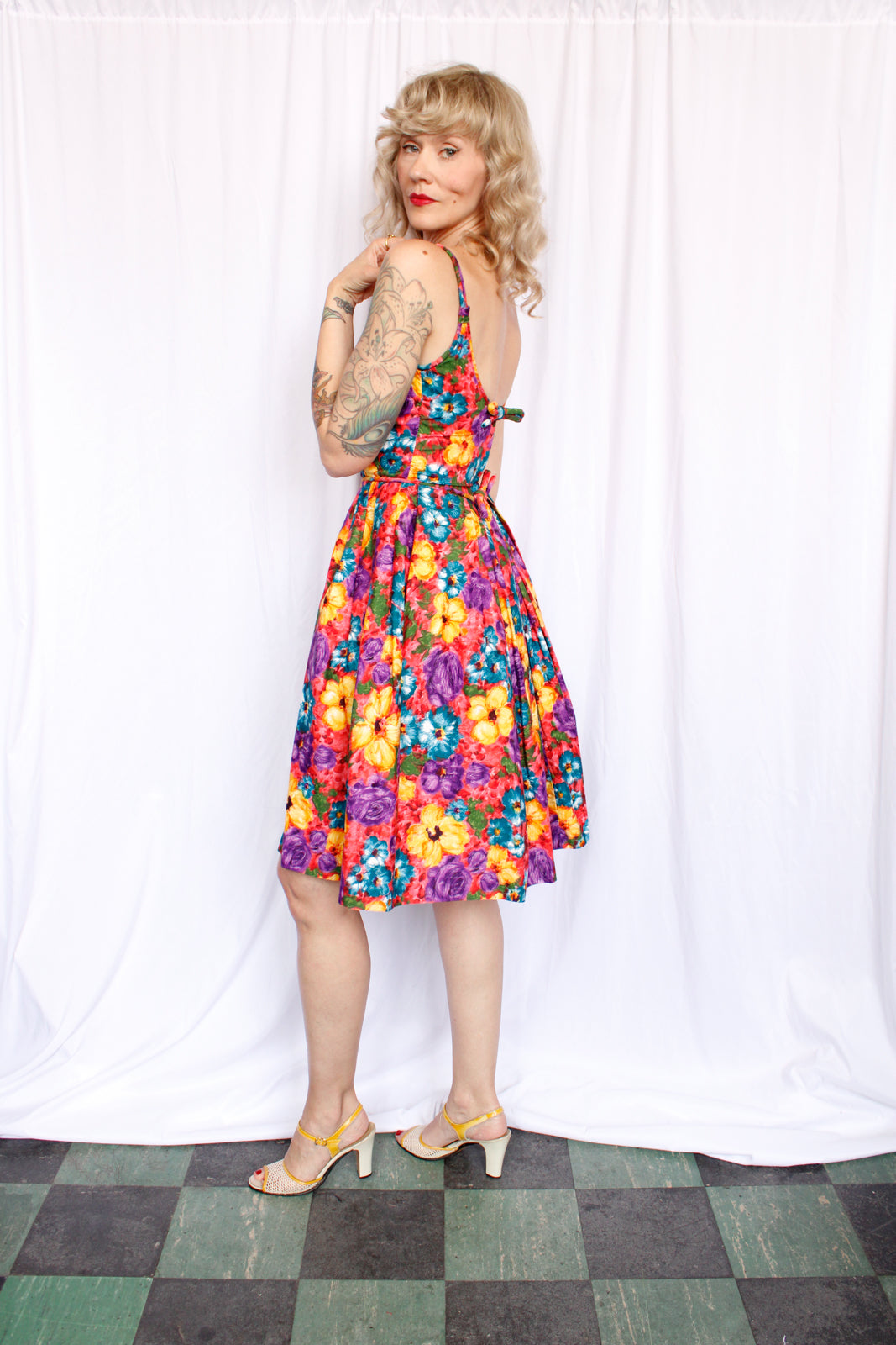 1950s Bold Floral Cotton Party Dress - Xsmall