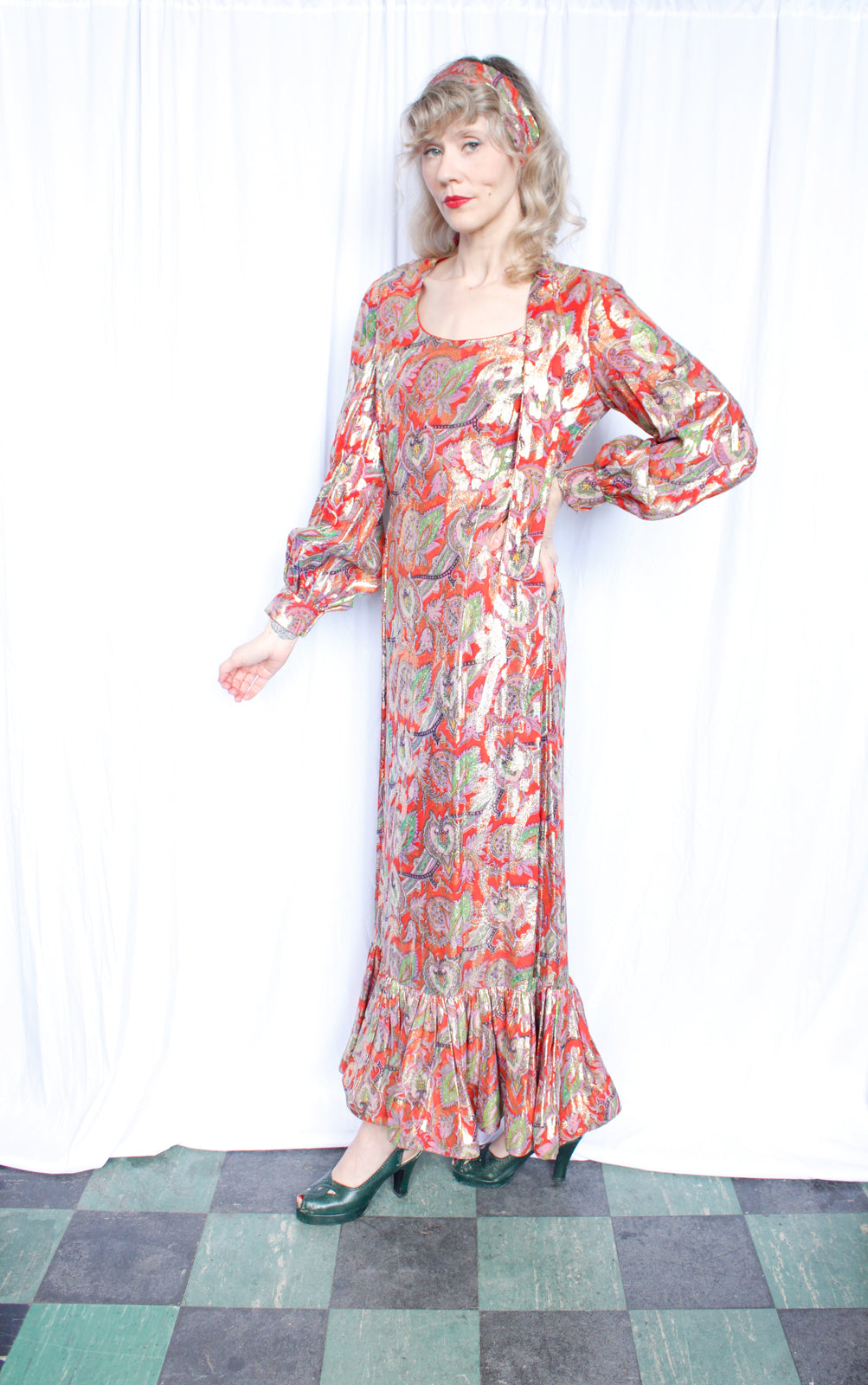 1970s Gold & Red Metallic Maxi Dress with Ruffle Hem - Medium