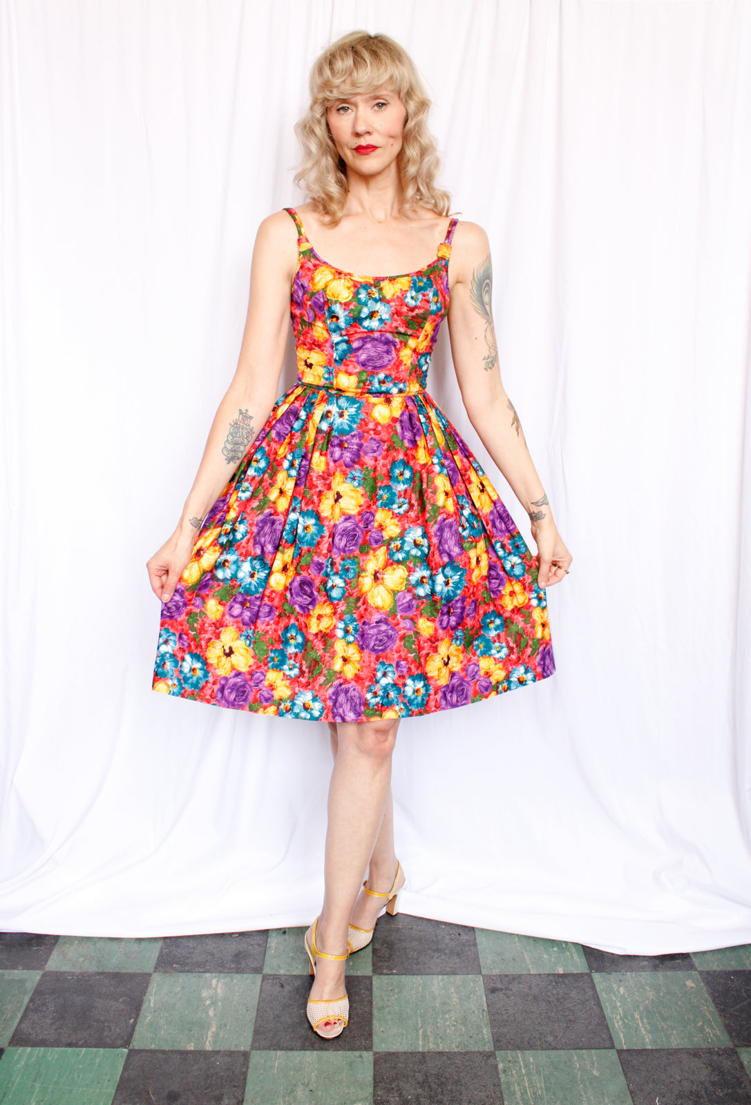 1950s Bold Floral Cotton Party Dress - Xsmall