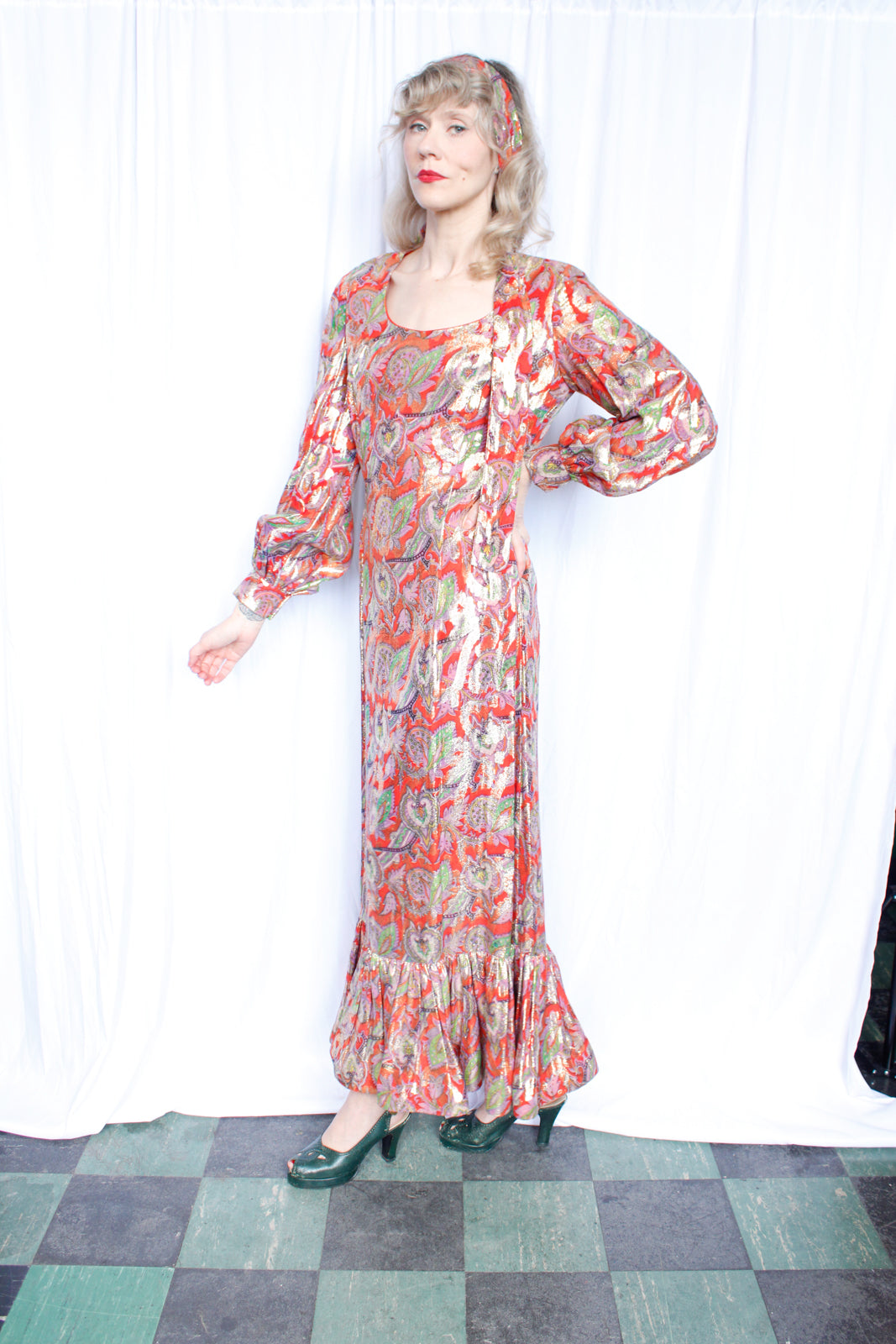 1970s Gold & Red Metallic Maxi Dress with Ruffle Hem - Medium