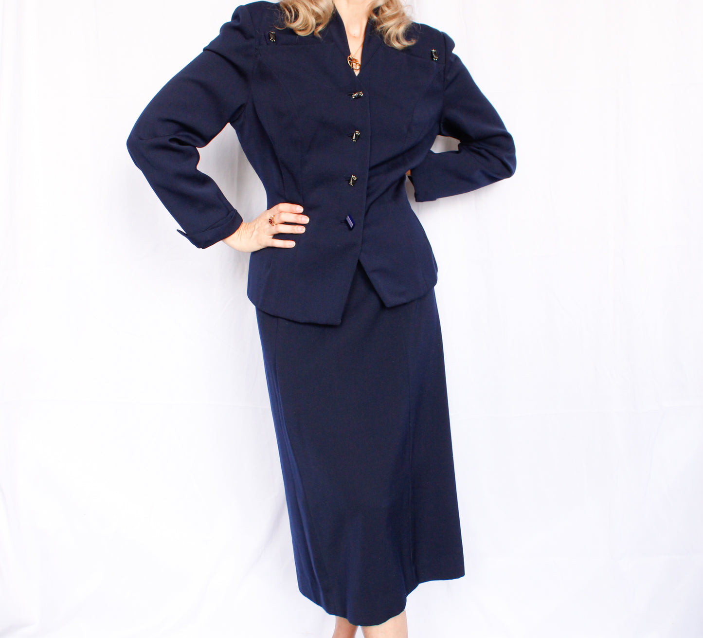 1940s Deco Wool Navy Blazer & Skirt 2pc Suit - Medium