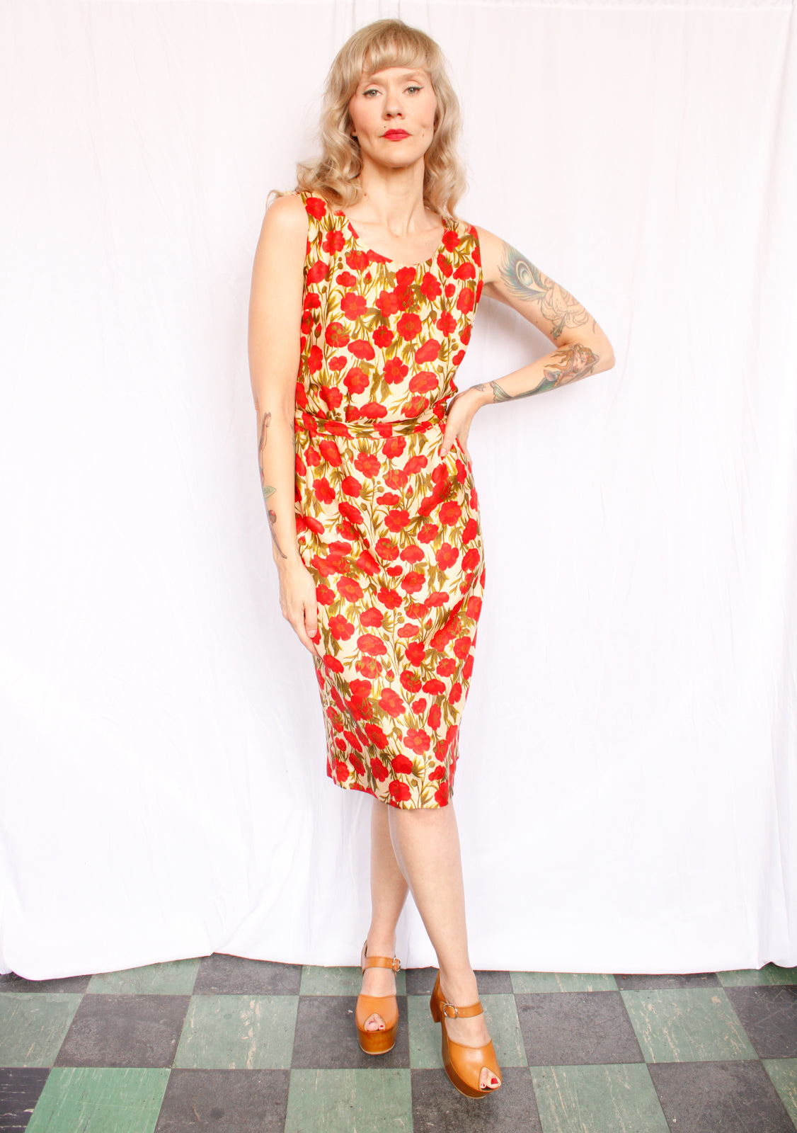 1950s Silk Poppy Dress & Cashmere Cardigan - Medium