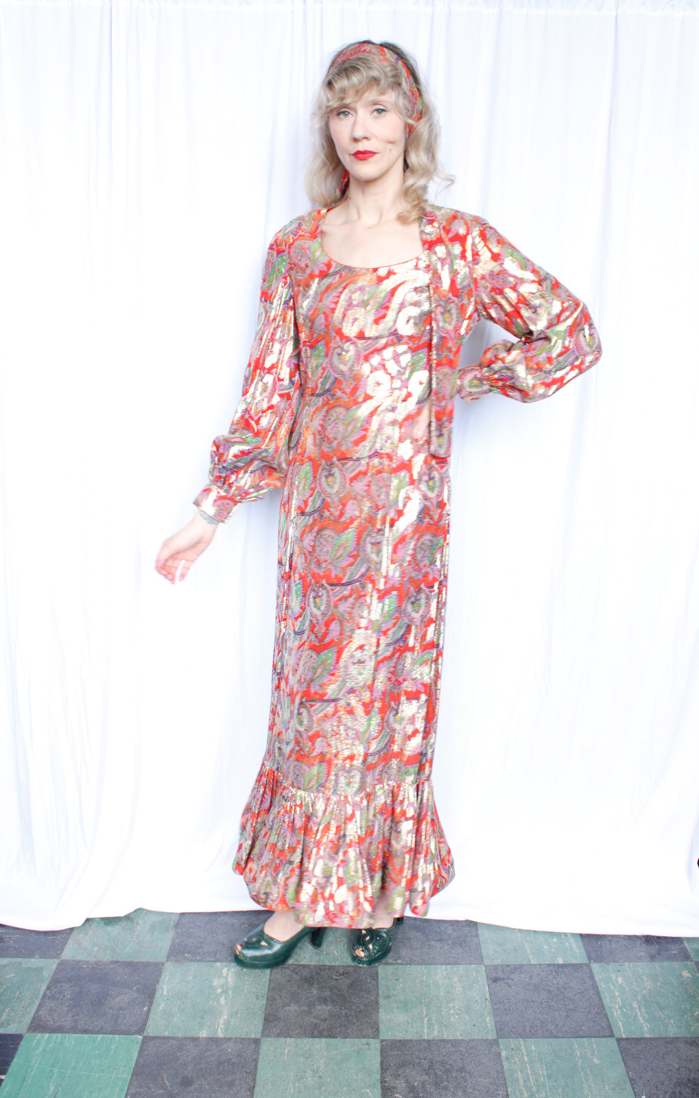 1970s Gold & Red Metallic Maxi Dress with Ruffle Hem - Medium