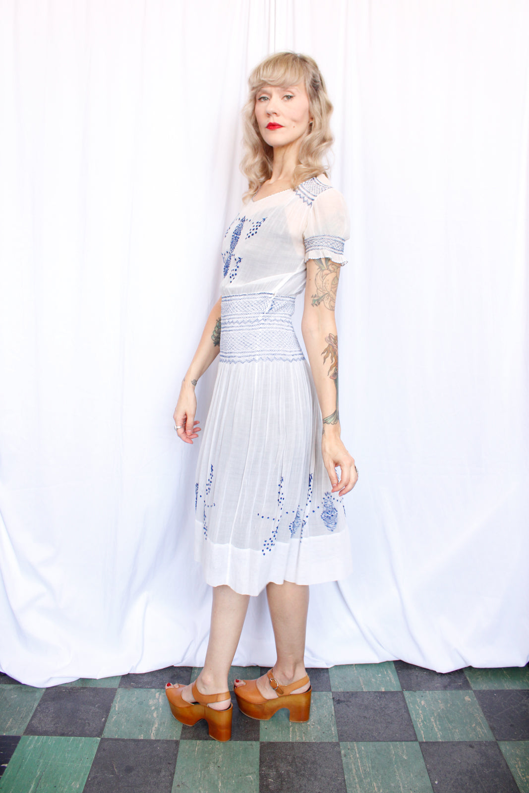 1930s Hungarian Blue Embroidered Cotton Voile Dress - Xs/S