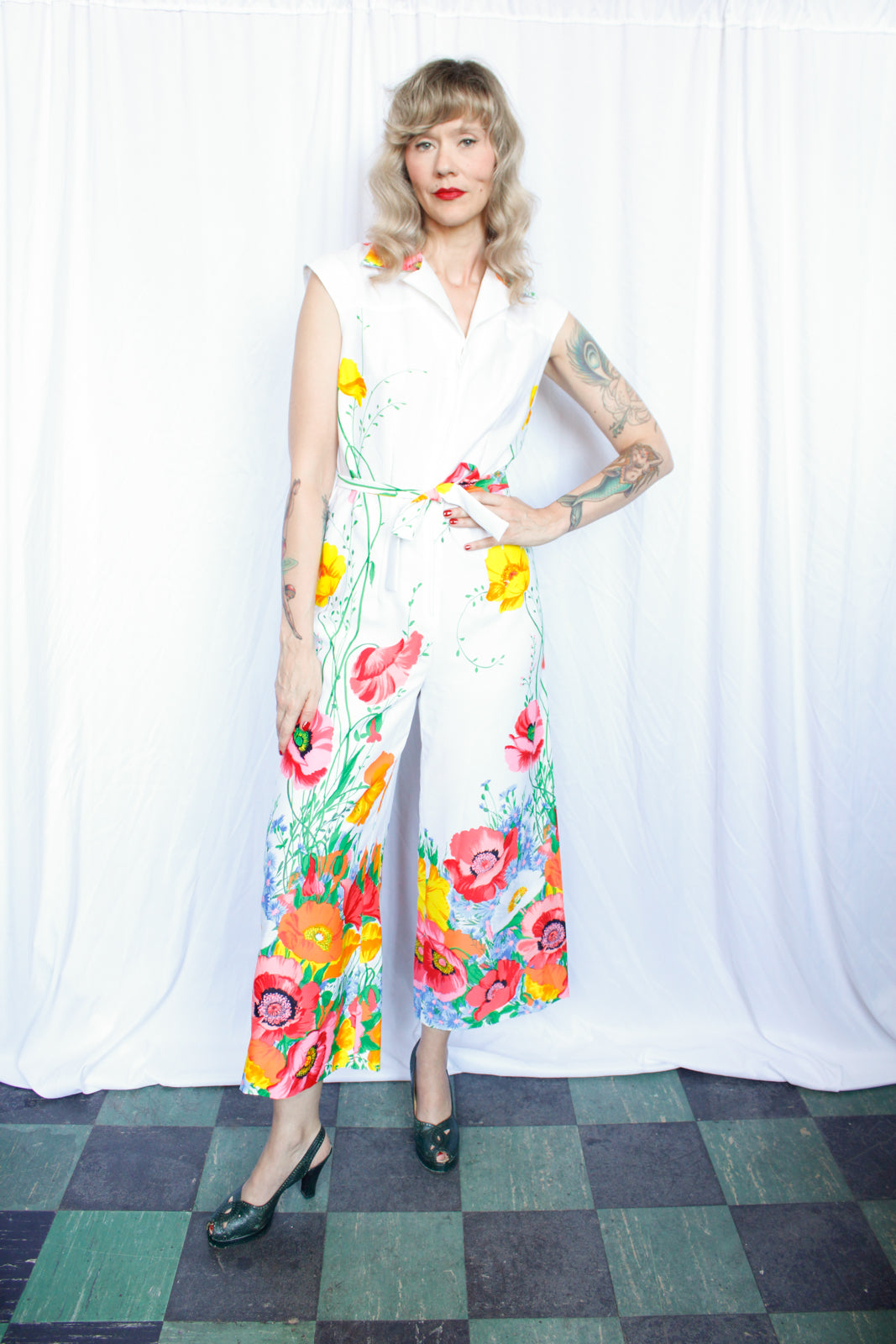 Late 1960s Bright Floral Jumpsuit - Small