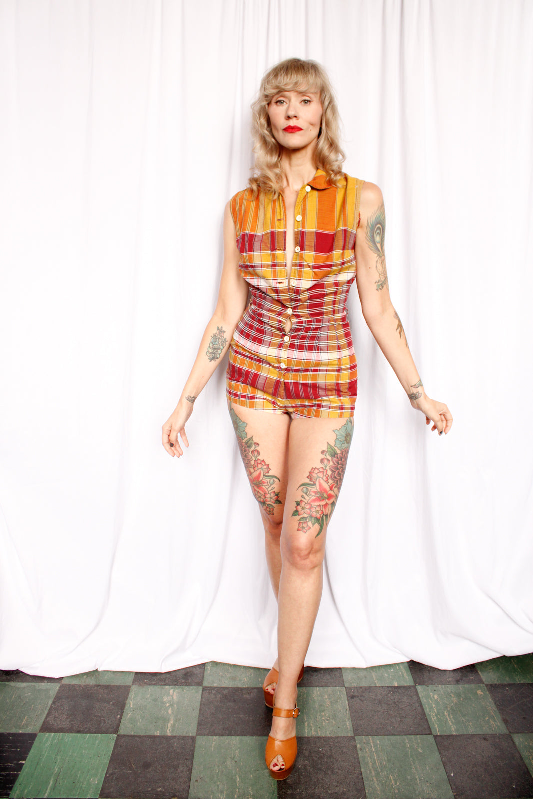 1950s Catalina Plaid Playsuit with Matching Skirt - XSmall
