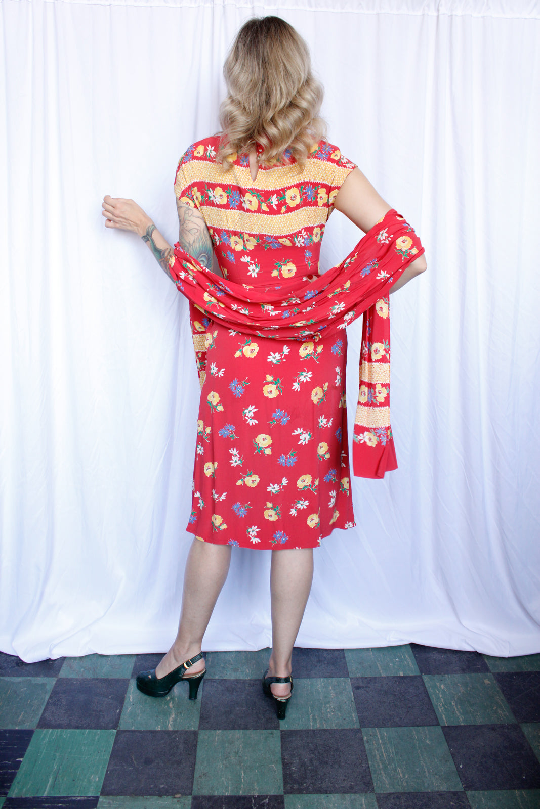 1940s Doris Dodson Rayon Floral Dress with Scarf - Xsmall