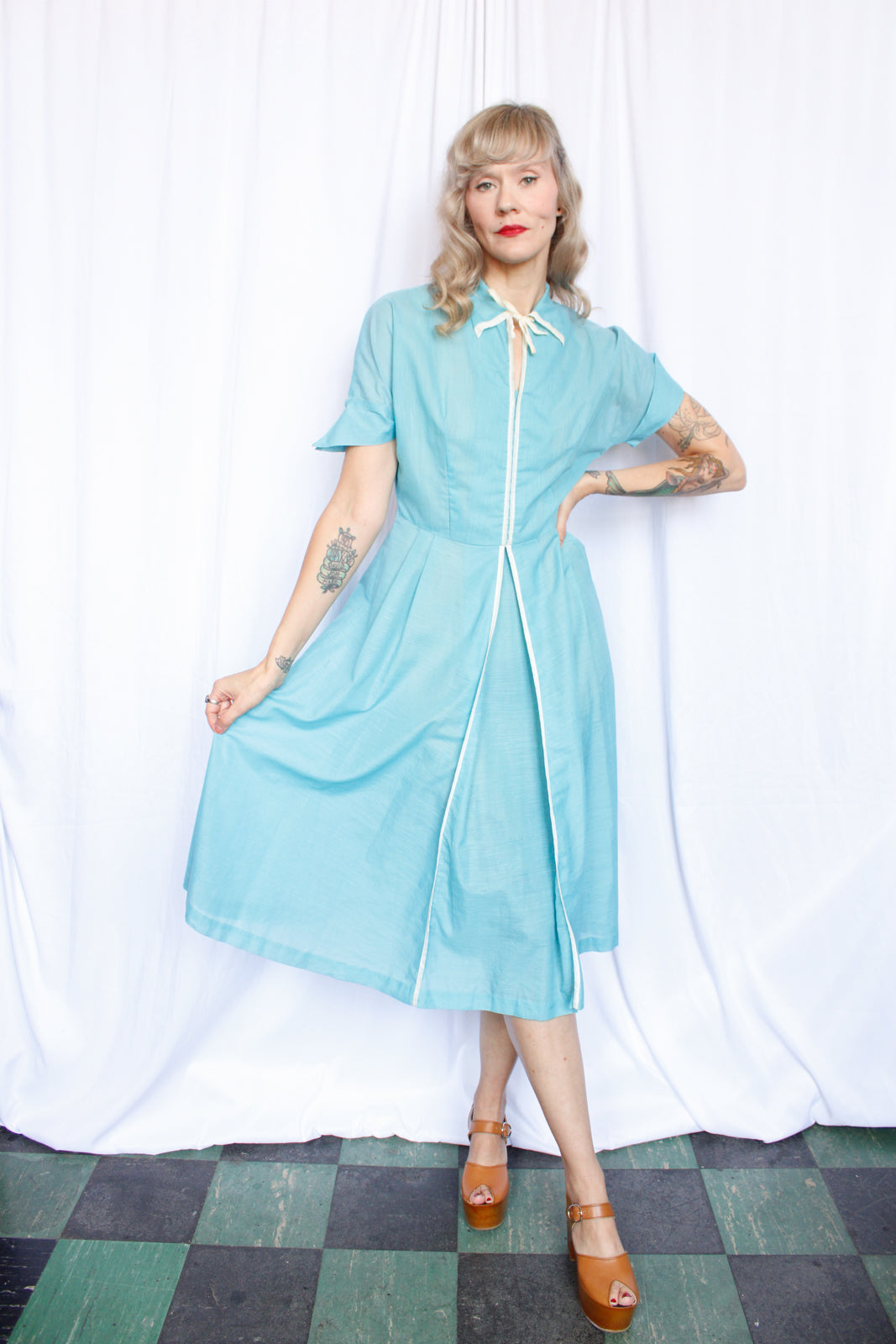 1950s Sue Carson Teal Day Dress - Medium