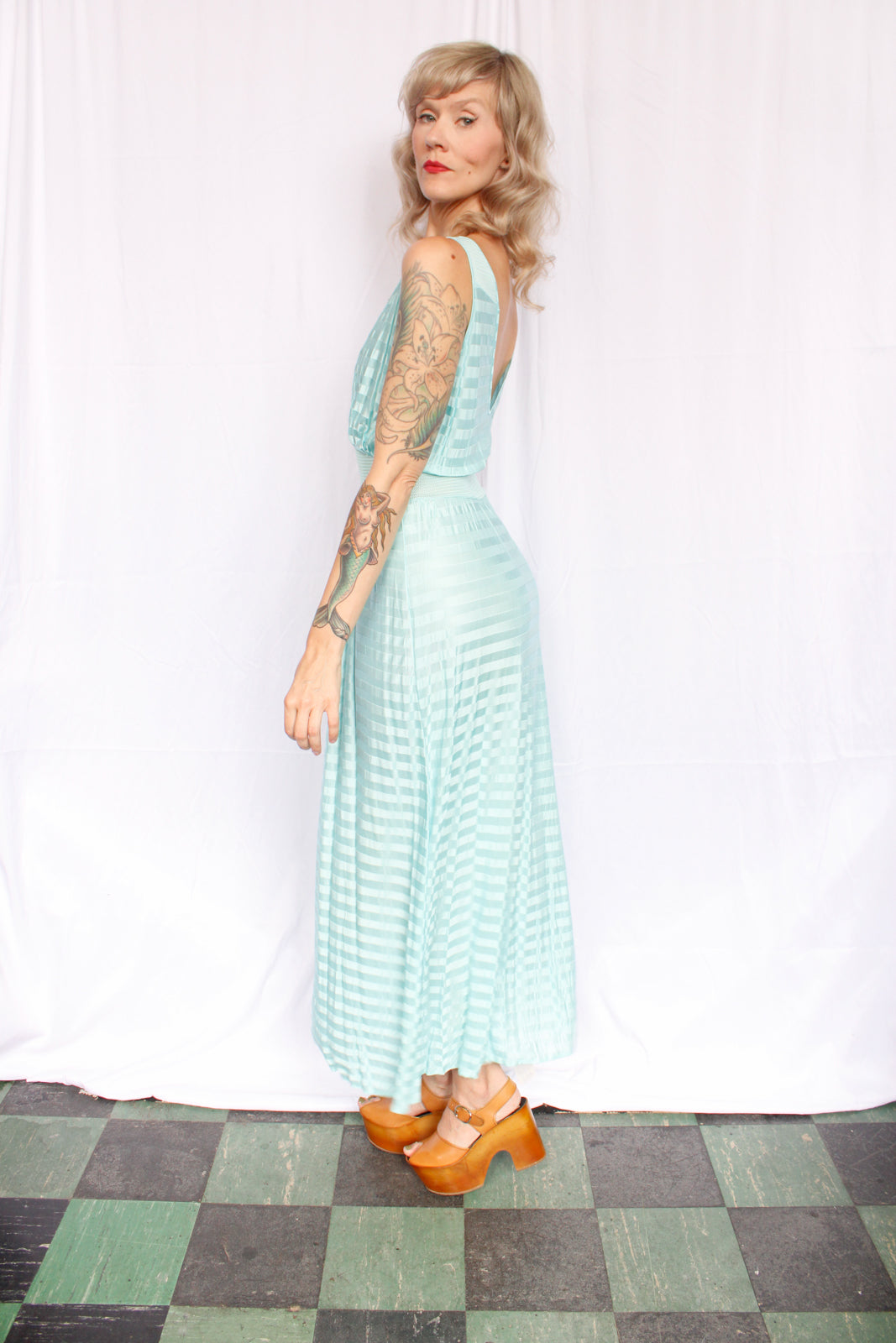 1940s NOS Van Raalte STRYPS Turquoise Blue Night Gown - Large