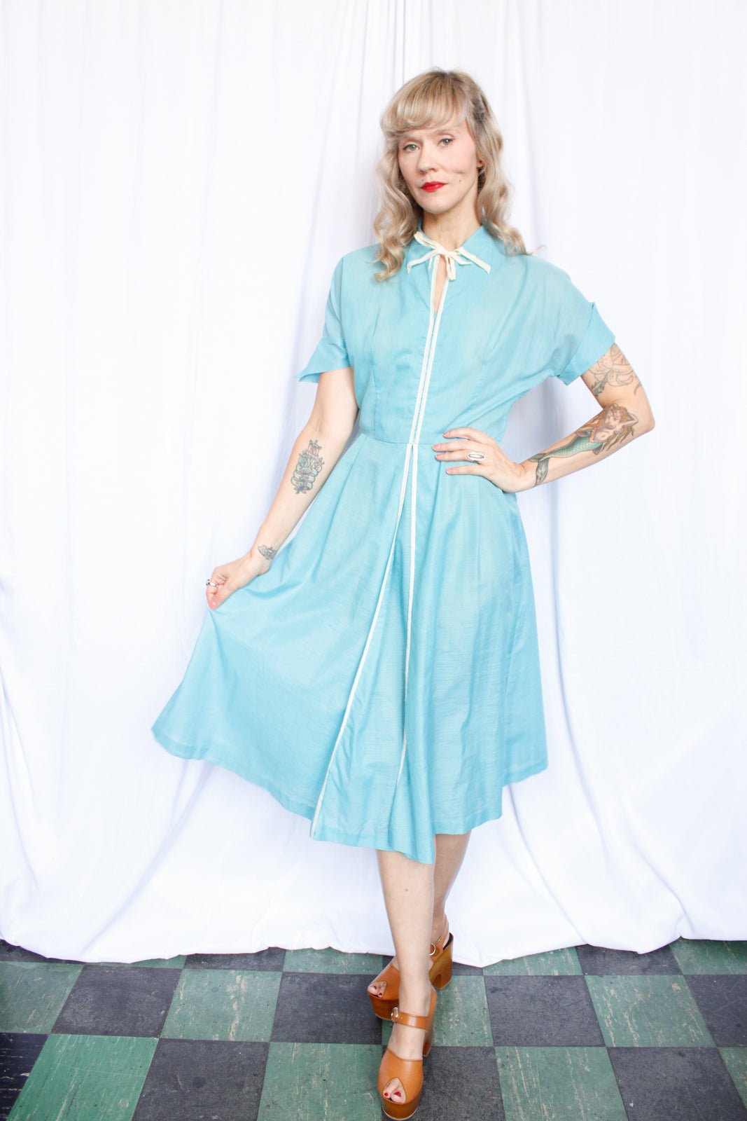 1950s Sue Carson Teal Day Dress - Medium